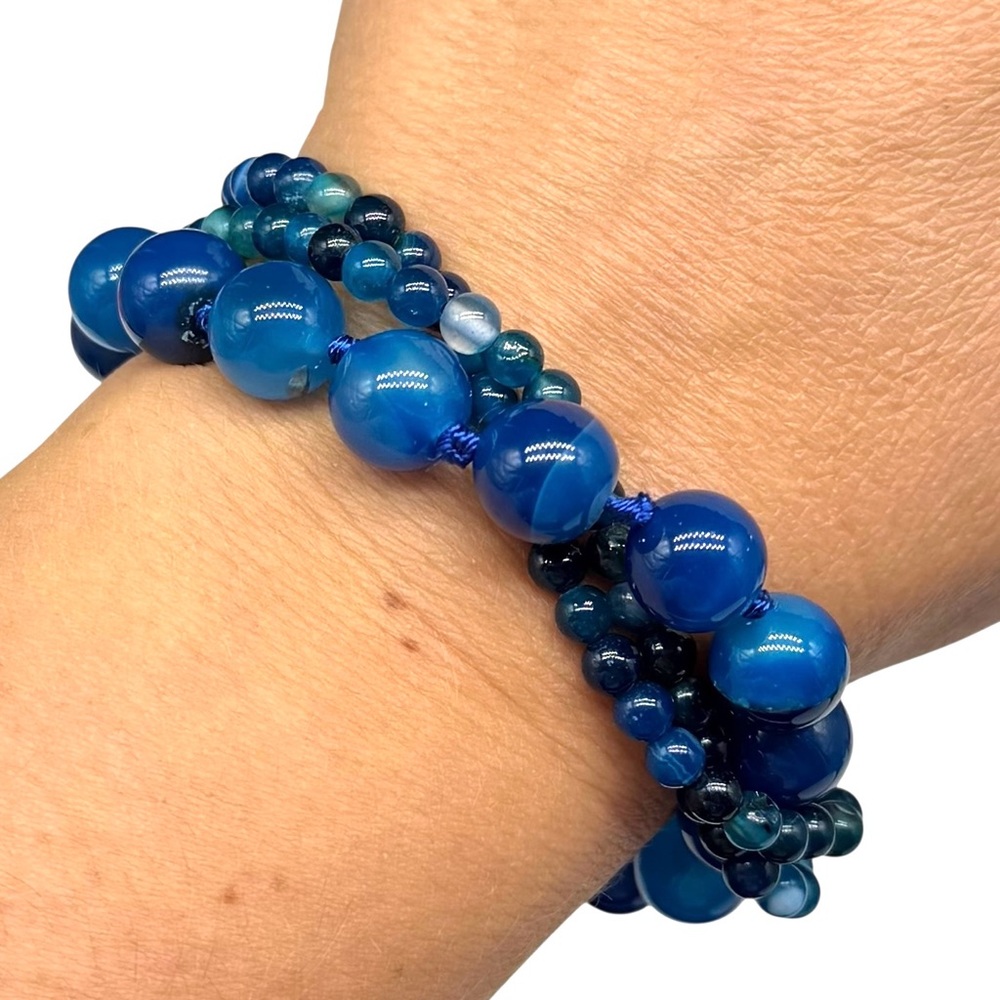 Blue Botswana Agate Beaded Bracelet Clear Rhinestone Clasp Multi Strand